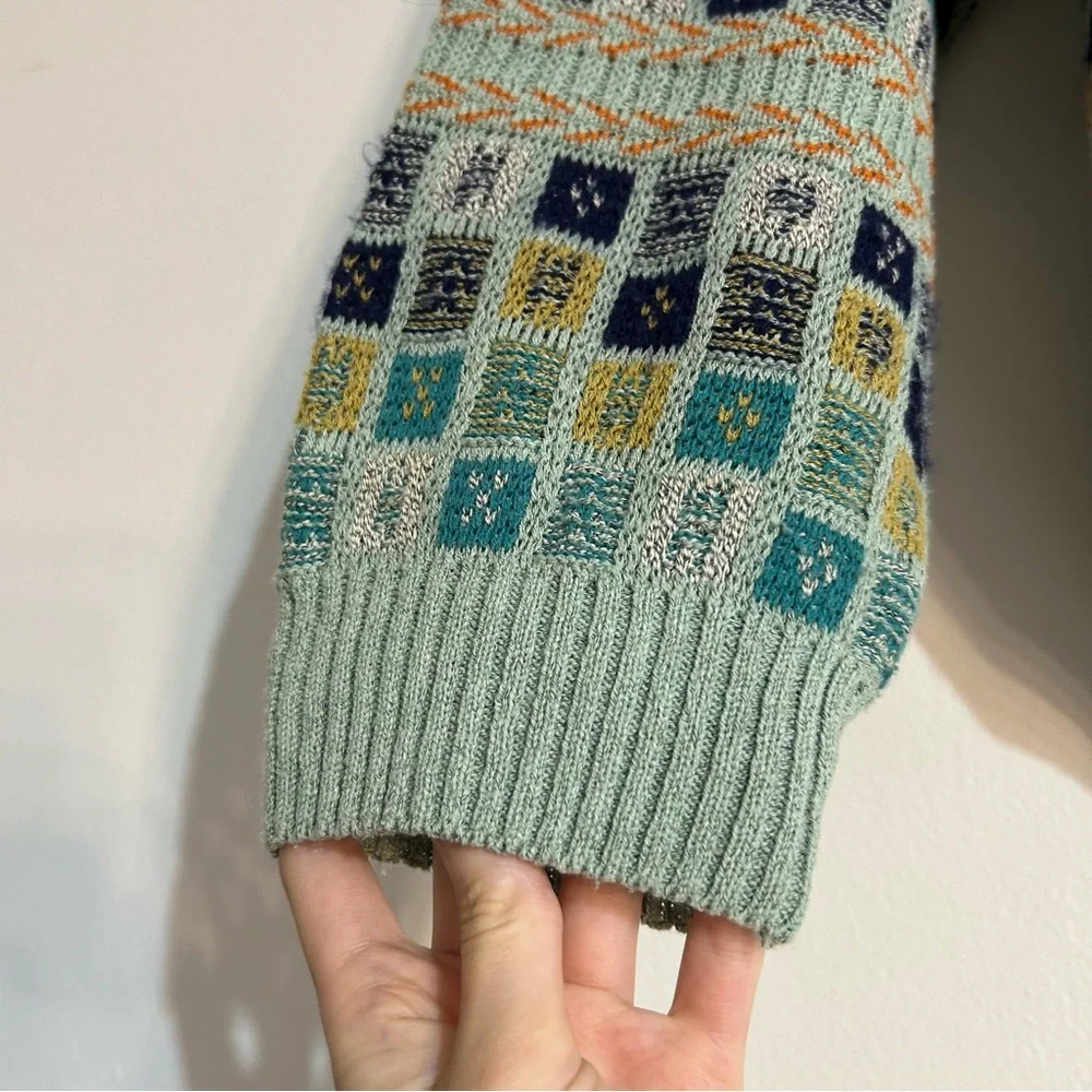 Vintage 90s Square Geometric Eclectic Grandpa Blue Knit Crewneck Sweater XL